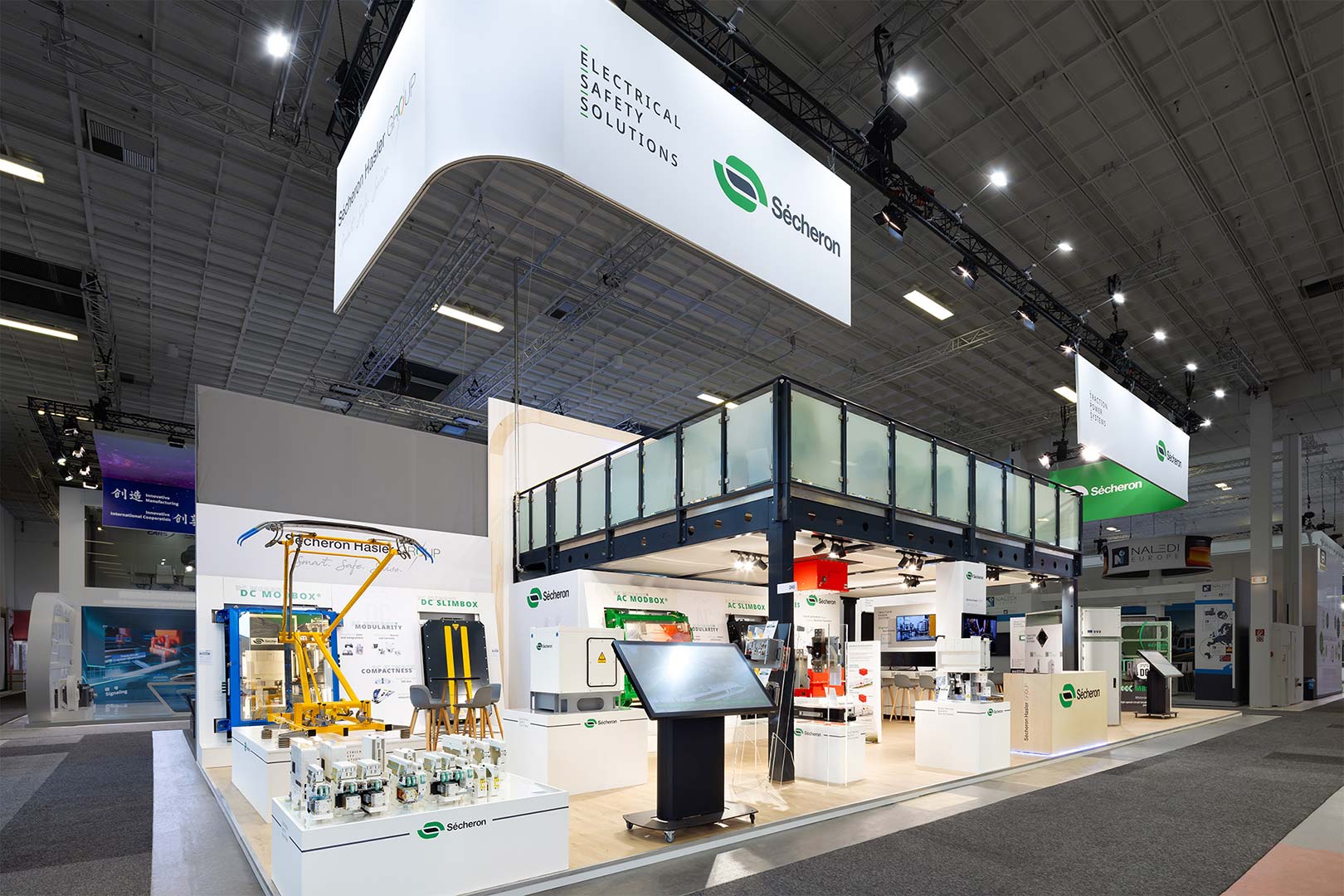 Two-storey Booth Secheron at InnoTrans Berlin. Designed and build by Eldee Expo Experts.
