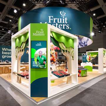 Engaging Stand Design of Fruitmasters at the FRUIT LOGISTICA exhibition. Designed and realized by booth builder Eldee Expo Experts.